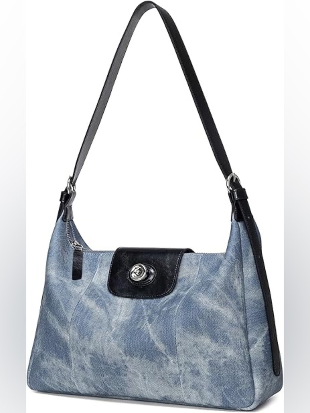 Denim-Effect Shoulder Bag with Black Trim